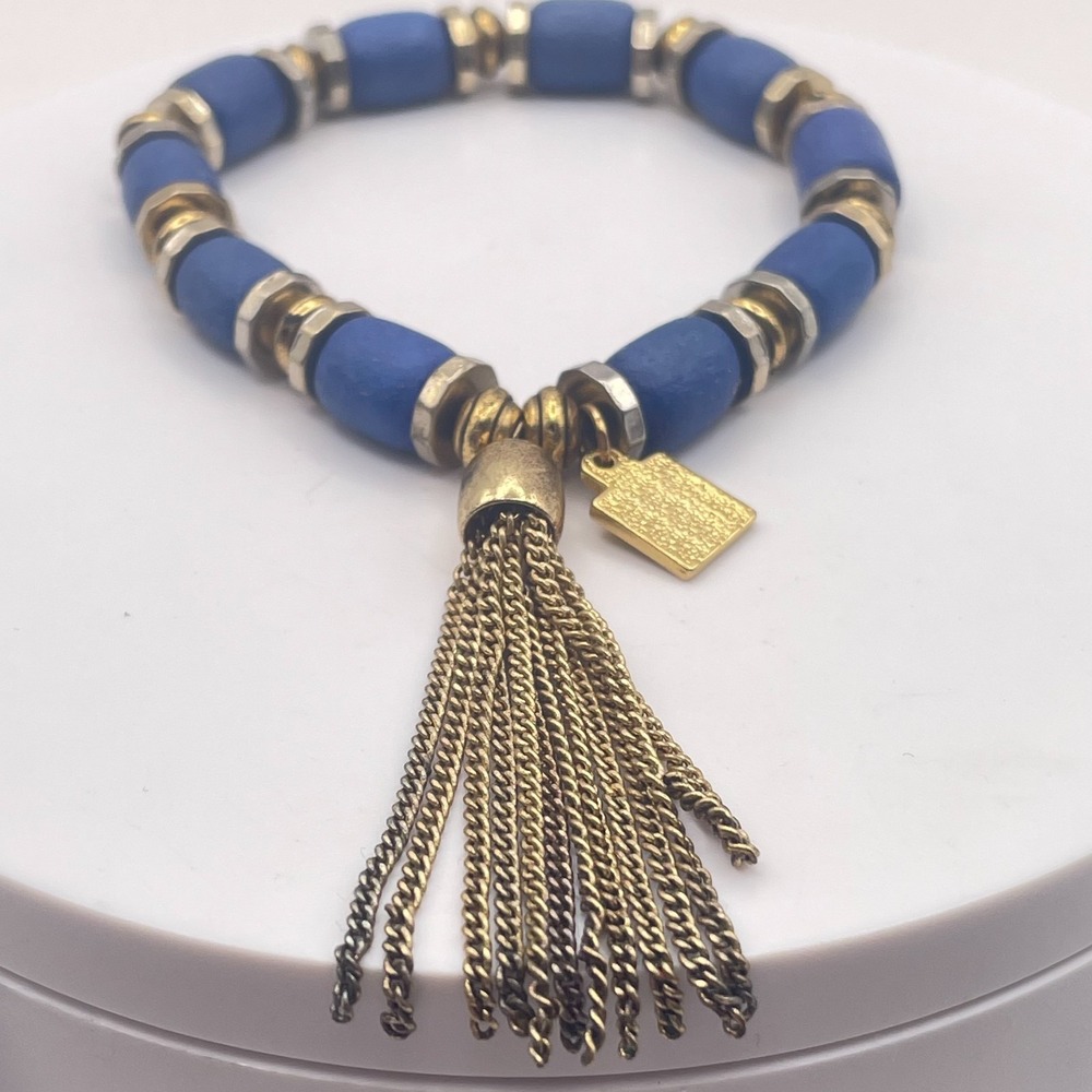 Vintage Cobalt Blue Wooden Bead Stretch Bracelet Gold Tone Chain Tassel Charm